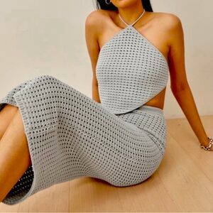 Reformation Circa Open Gray Knit Skirt and Top Set